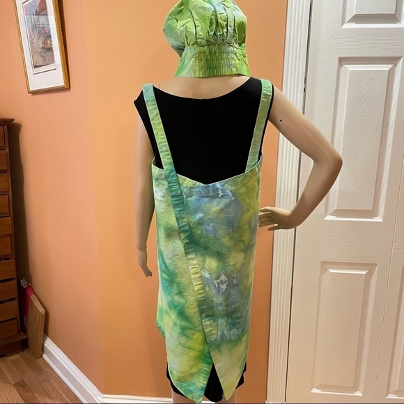 Tie Dye large Japanese wrap around apron with matching toque chef's hat green - Picture 5 of 6